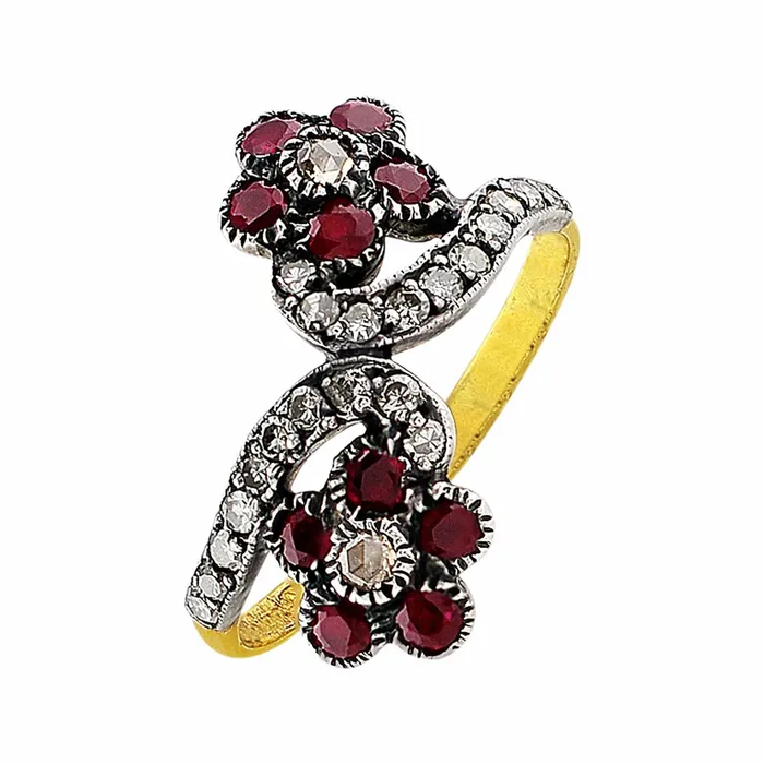 CJ Charles Jewelers Rings 1890s Antique Flower Diamond Ruby Ring CJ Charles Jewelers Rings 1890s Antique Flower Diamond Ruby Ring