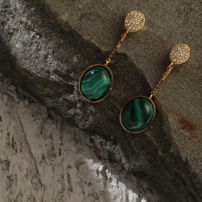 Earrings Malachite Oval Charm Silver Drop Earrings SILVER
