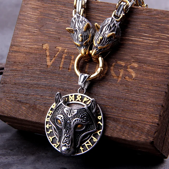 Necklaces Kings Chain Necklace With Wolves Heads Holding Fenrir Medallion AE