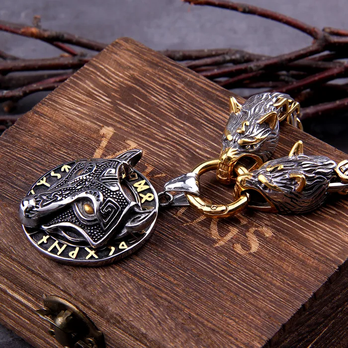 Necklaces Kings Chain Necklace With Wolves Heads Holding Fenrir Medallion AE