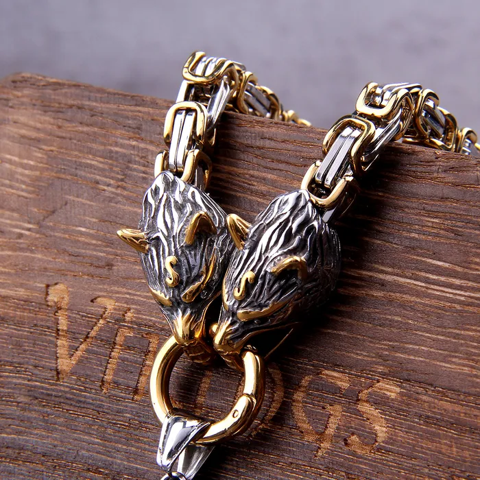 Necklaces Kings Chain Necklace With Wolves Heads Holding Fenrir Medallion AE