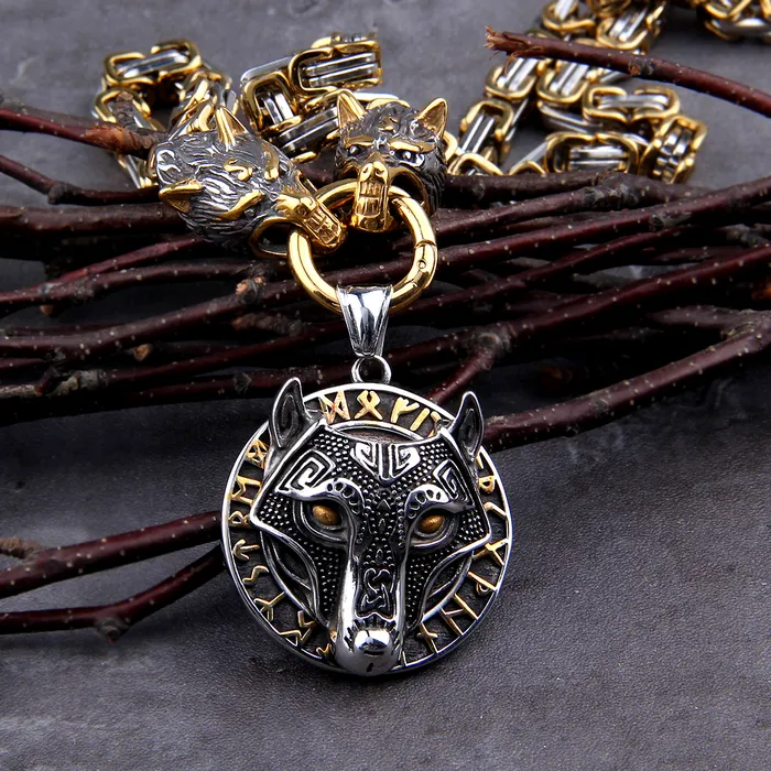 Necklaces Kings Chain Necklace With Wolves Heads Holding Fenrir Medallion AE