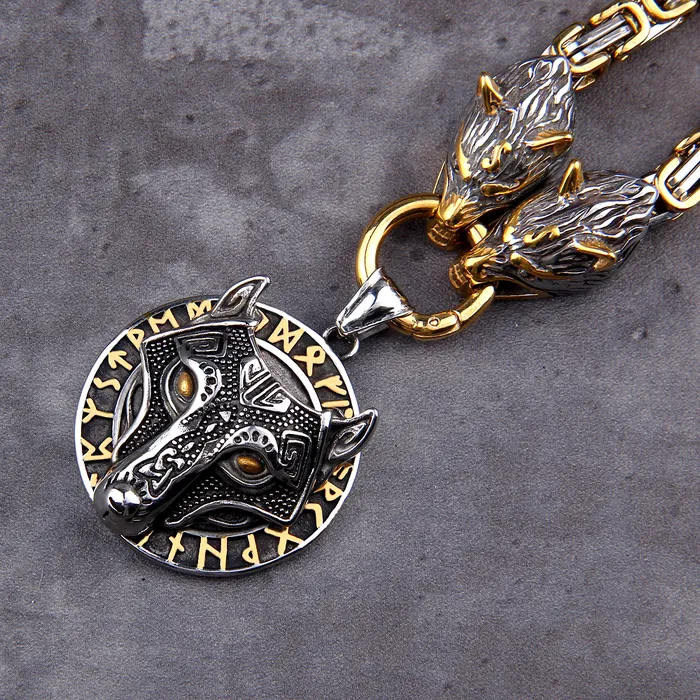 Necklaces Kings Chain Necklace With Wolves Heads Holding Fenrir Medallion AE
