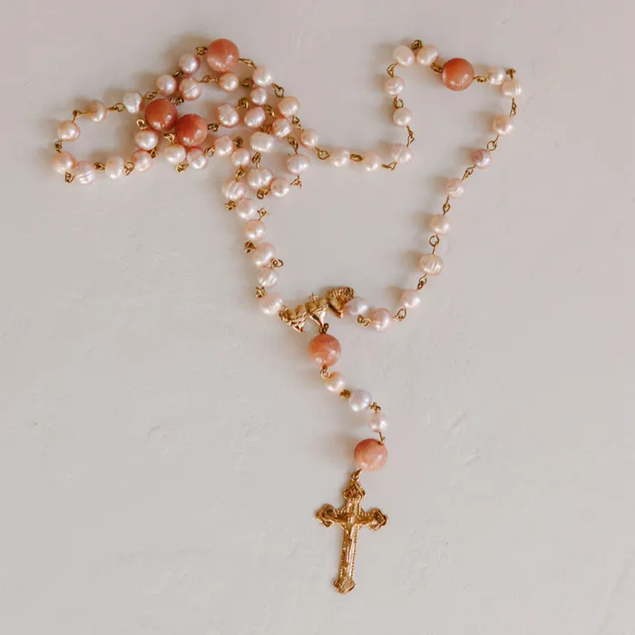 The Little Catholic Holy Family Hearts Rosary III Pearl Necklaces