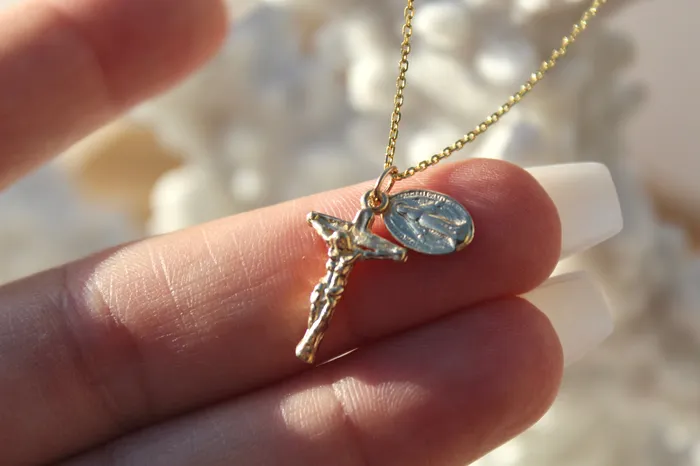 TheLittleCatholic Necklaces Miraculous Medal and Crucifix Necklace in 14k Gold TheLittleCatholic Necklaces Miraculous Medal and Crucifix Necklace in 14k Gold