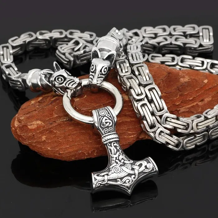 VikingStore Necklaces King Chain With Twin Wolves Holding Mjolnir Pendant