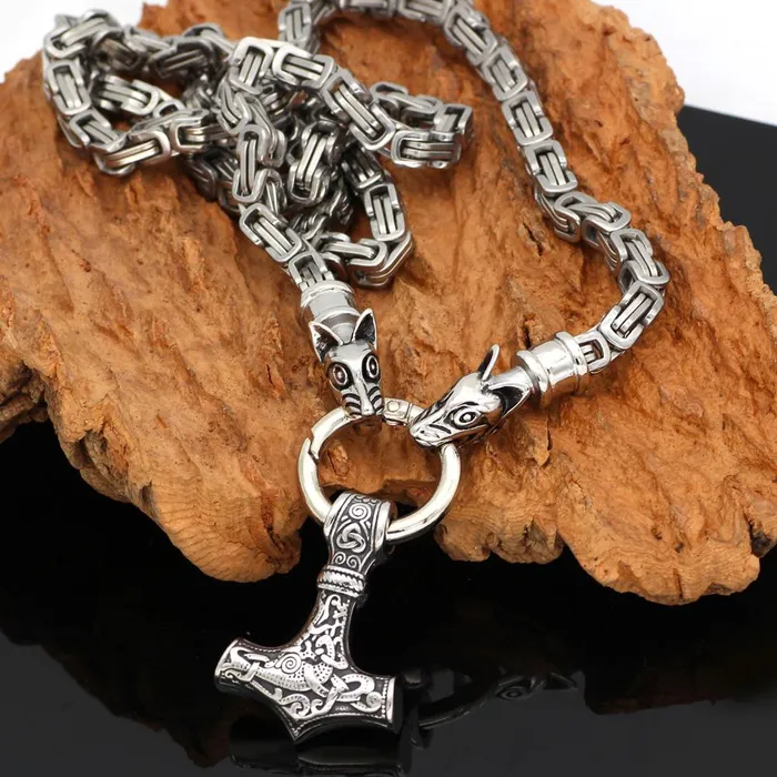 VikingStore Necklaces King Chain With Twin Wolves Holding Mjolnir Pendant