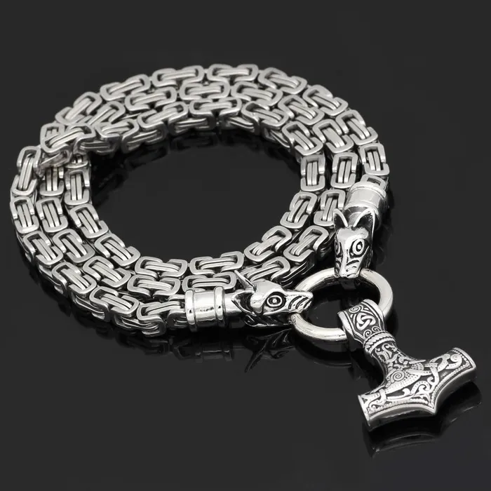 VikingStore Necklaces King Chain With Twin Wolves Holding Mjolnir Pendant