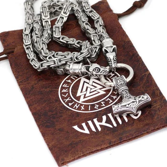 VikingStore Necklaces King Chain With Twin Wolves Holding Mjolnir Pendant