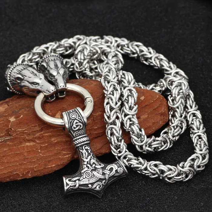VikingStore Necklaces Silver King Chain Featuring Bear Heads Holding Mjolnir Pendant VikingStore Necklaces Silver King Chain Featuring Bear Heads Holding Mjolnir Pendant