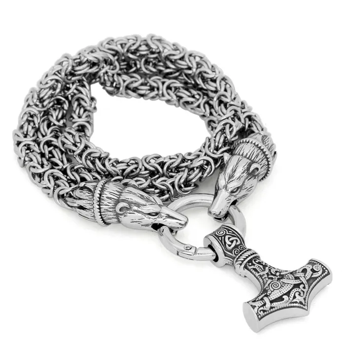 VikingStore Necklaces Silver King Chain Featuring Bear Heads Holding Mjolnir Pendant